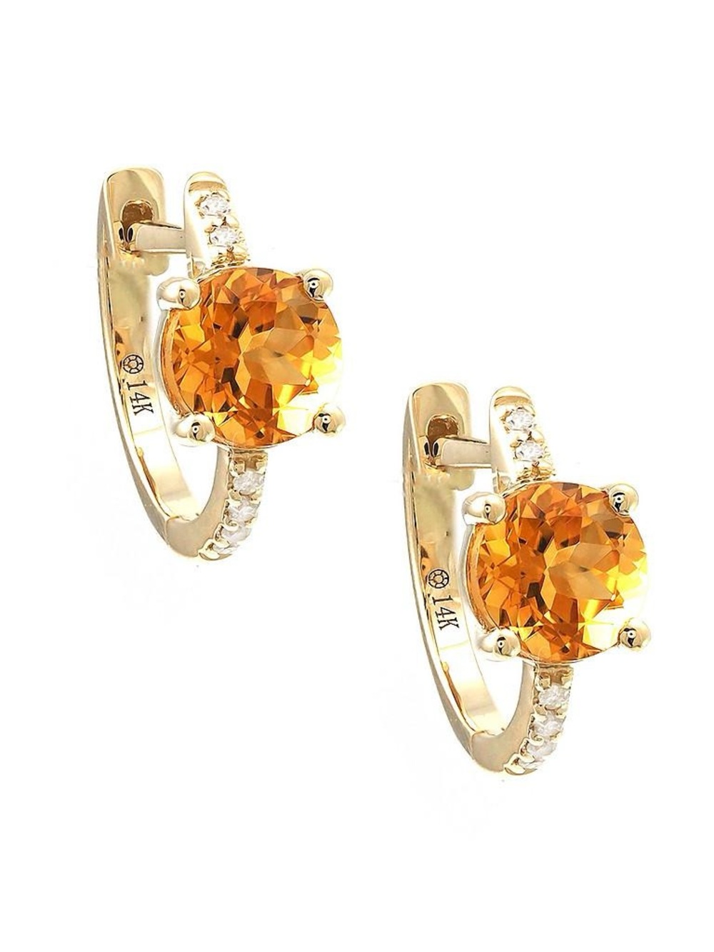 14K Real Solid Yellow Gold Natural Citrine & Diamond Hoop Earring 5x11mm
